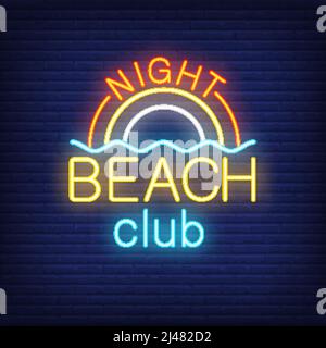 Night Beach Club lettering and rainbow with wave. Neon sign on brick background. Bar, nightclub, summer resort. Summer vacation concept. For topics li Stock Vector