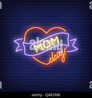 Mom day neon sign. Bright red heart with ribbon. Night bright advertisement. Vector illustration in neon style for celebration and holiday Stock Vector