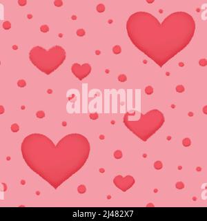 hearts and dots with texture effect of pink chalk or crayon seamless pattern in cute style. Stock Vector