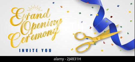 Grand opening ceremony, invite you festive banner design with confetti and gold scissors cutting blue ribbon on white background. Lettering can be use Stock Vector