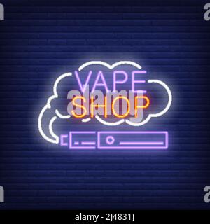 Vape shop neon sign. E-cigarette with smoke cloud. Night bright advertisement. Vector illustration in neon style for smoking and lifestyle Stock Vector