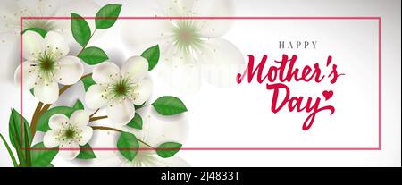 Happy Mother Day lettering in red frame with flowers. Mothers Day greeting card. Handwritten text, calligraphy. For greeting card, invitation, poster, Stock Vector
