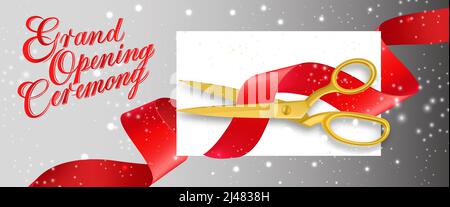 Grand opening ceremony sparkling banner design with empty card and gold scissors cutting red ribbon on gray background. Template can be used for signs Stock Vector