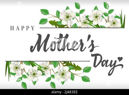 Happy Mother Day lettering with blooming twigs. Mothers Day greeting card. Handwritten text, calligraphy. For greeting card, invitation, leaflet, post Stock Vector