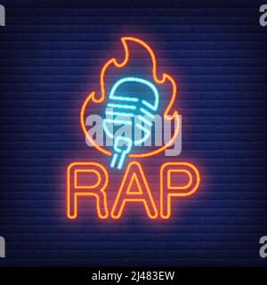 Rap neon word and microphone in flame outline. Neon sign, night bright advertisement, colorful signboard, light banner. Vector illustration in neon st Stock Vector