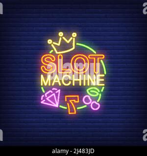 Slot machine neon sign. Number seven, diamond, crown, cherry and round frame on brick wall background. Night bright advertisement. Vector illustration Stock Vector