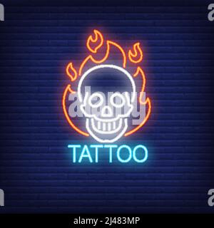 Tattoo neon word with smiling skull in flame outline. Neon sign, night bright advertisement, colorful signboard, light banner. Vector illustration in Stock Vector
