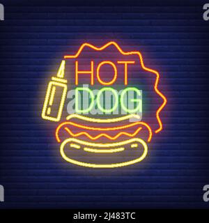 Hot dog neon sign. Sausage loaf, mustard and star shaped frame on brick wall background. Night bright advertisement. Vector illustration in neon style Stock Vector