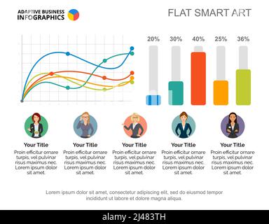 Five options line and bar chart template for presentation. Vector illustration. Diagram, graph, infochart. Research, statistics, analysis, business or Stock Vector