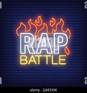 Rap battle neon text and fire. Neon sign, night bright advertisement, colorful signboard, light banner. Vector illustration in neon style. Stock Vector