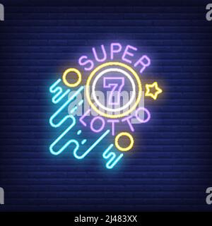 Super lotto neon sign. Ball with figure of seven, circles and star on brick wall background. Night bright advertisement. Vector illustration in neon s Stock Vector