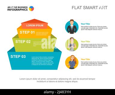 Three steps marketing process chart template for presentation. Business data visualization. Strategy, workflow, idea, teamwork or insurance creative c Stock Vector