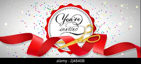 You are invited festive banner design with confetti, text on white circle and gold scissors cutting red ribbon. Template can be used for signs, announ Stock Vector