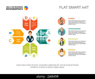 Four ideas process chart template for presentation. Business data visualization. Strategy, workflow, plan, teamwork or marketing creative concept for Stock Vector