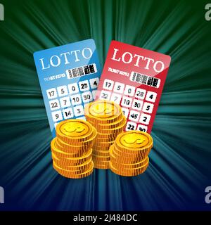 Lottery tickets and golden coins stacks. Gambling business advertising design. For posters, banners, leaflets and brochures. Stock Vector