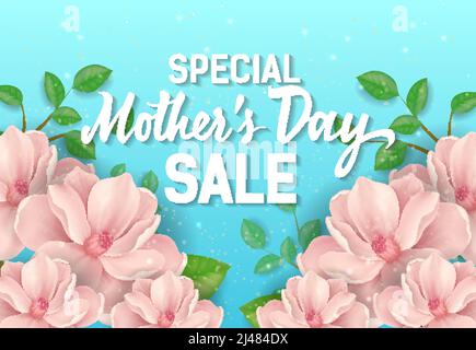 Special Mothers Day Sale lettering with pink flowers. Mothers Day sale advertising. Handwritten text, calligraphy. For invitation, leaflet, poster, po Stock Vector