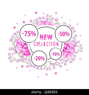New collection label design with pink flowers, dots and discount stickers. Text can be used for coupons, posters, banners Stock Vector