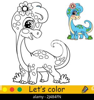 Cartoon cute dinosaur diplodocus girl with flower. Coloring book page with colorful template for kids. Vector isolated illustration. For coloring book Stock Vector