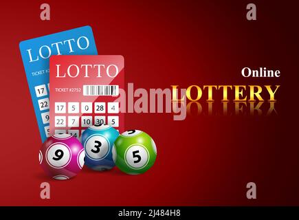 Online lottery lettering, tickets and balls. Casino business advertising design. For posters, banners, leaflets and brochures. Stock Vector