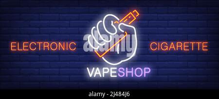Electronic cigarette neon sign. Hand holding vape device. Vector illustration in neon style for vape shop or retail Stock Vector