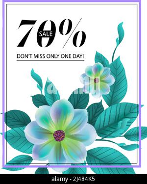 Seventy percent sale, do not miss only one day, flyer design with blue flower and frame. Text can be used for coupons, posters, banners Stock Vector
