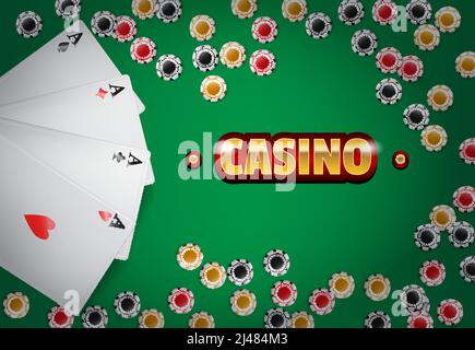 Casino inscription, four aces and chips on green background. Casino business advertising design. For posters, banners, leaflets and brochures. Stock Vector