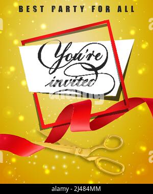 You are invited, best party for all festive poster design with frame and gold scissors cutting red waved ribbon on yellow sparkling background. Templa Stock Vector