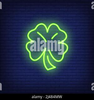 Four leaves clover neon sign design element. Fortune concept for night bright advertisement. Vector illustration in neon style for casino, gaming, gam Stock Vector
