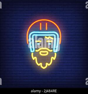 Bearded biker wearing helmet on brick background. Neon style illustration. Bikers club, motor race, motorcycle shop. Biker banner. For hobby, biker cu Stock Vector