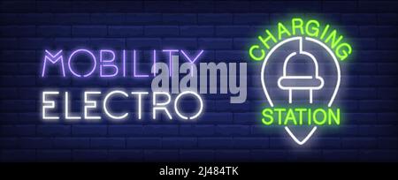 Charging station neon sign. Electric plug in form of map pointer. Vector illustration in neon style for mobile changing station or infrastructure Stock Vector