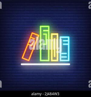Books on shelf neon sign. Various colorful in row on shelf. Night bright advertisement. Vector illustration in neon style for literature and library Stock Vector