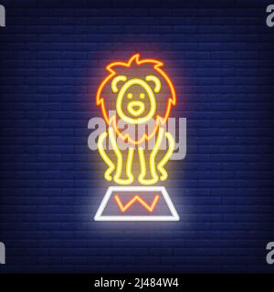 Circus lion neon icon. Trained wild animal on stand on dark brick wall background. Night bright advertisement. Vector illustration in neon style for p Stock Vector
