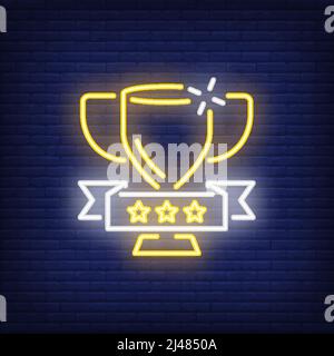 Golden cup on brick background. Neon style illustration. Victory, trophy, winner. Award banner. For success, competition, championship concept Stock Vector