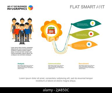 Three options financial process chart template. Business data. Abstract elements of diagram, graphic. Team, money, finance or teamwork creative concep Stock Vector
