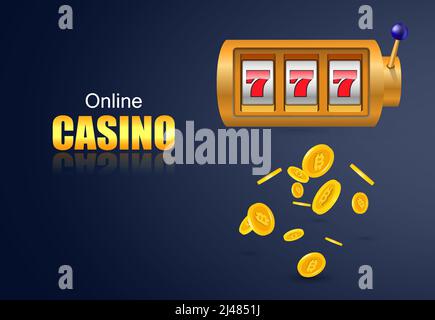 Online casino lettering, slot machine and flying golden coins. Casino business advertising design. For posters, banners, leaflets and brochures. Stock Vector