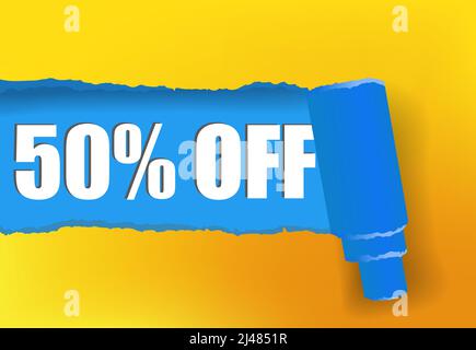 Fifty percent off promotion banner design in yellow and blue colors. Text can be used for signs, labels, flyers, banners Stock Vector