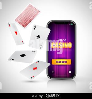 Online casino play now lettering on smart phone screen and flying aces on white background. Casino business advertising design. For posters, banners, Stock Vector