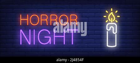 Horror night neon style banner. Candlelight on brick background. Halloween, party, horror movie poster. Can be used for advertising, street wall sign, Stock Vector