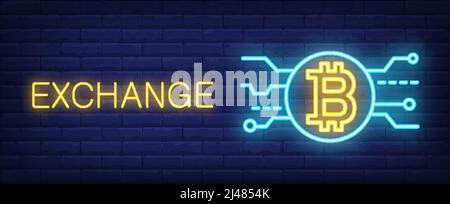 Exchange bitcoin vector illustration in neon style. Text, pick and bitcoin on brick wall background. Night bright advertising design, banner, sign. Em Stock Vector