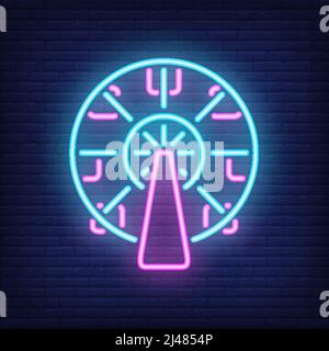Ferris wheel neon sign. Amusement park carousel on dark brick wall background. Night bright advertisement. Vector illustration in neon style for enter Stock Vector