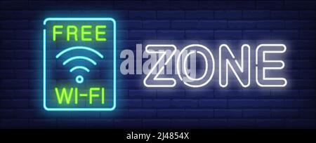Free wi-fi zone neon sign. Wireless wav symbol in blue frame on dark brick wall. Vector illustration in neon style for public internet or wireless acc Stock Vector