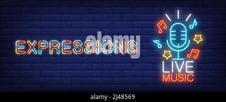 Expressions on live music neon sign. Blue microphone with stars and melody signs on dark wall. Night bright advertisement. Vector illustration in neon Stock Vector