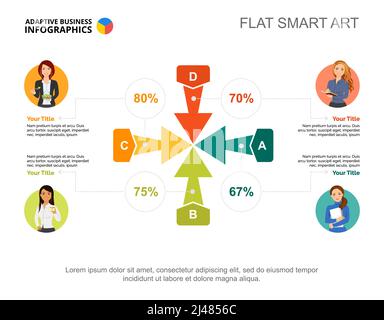 Four arrows percentage chart template for presentation. Business data. Elements of diagram, graphic. Report, idea, statistics, economy or marketing cr Stock Vector