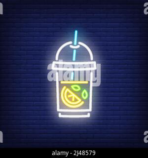 Lemonade neon sign. Glass of iced tea with lemon on dark brick wall background. Night bright advertisement. Vector illustration in neon style for cafe Stock Vector