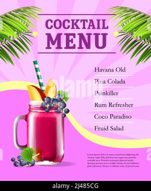 Cocktail menu poster. Fruit smoothie and palm leaves on pink background with rays. Bar, cafe, restaurant banner. Beverage concept. Can be used for pos Stock Vector