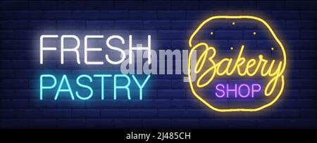Bakery shop neon sign. Fresh pastry glowing inscription and cookie on brick wall background. Night bright advertisement. Vector illustration in neon s Stock Vector