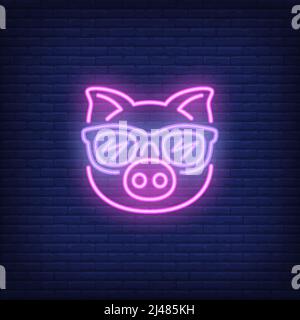 Cute cartoon pink pig in sunglasses. Neon sign element. Night bright advertisement. Vector illustration for restaurant, cafe, diner, menu, advertising Stock Vector