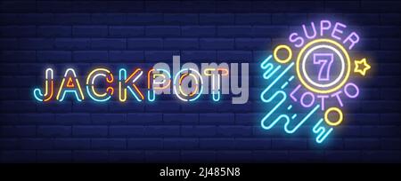Jackpot neon sign. Super lotto glowing sign on brick wall background. Night bright advertisement. Vector illustration in neon style for online casino Stock Vector