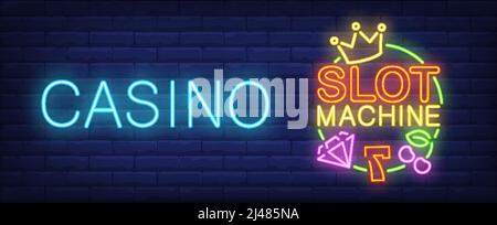 Slot machine neon sign. Number seven, diamond, crown and cherry on brick wall background. Night bright advertisement. Vector illustration in neon styl Stock Vector