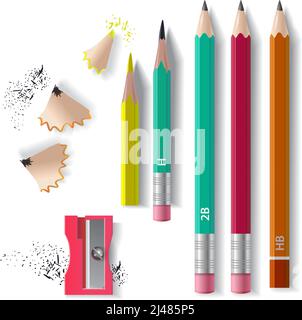 Graphite pencils set, sharpener and sharpening shavings. Design element. For banners, posters, leaflets and brochures. Stock Vector